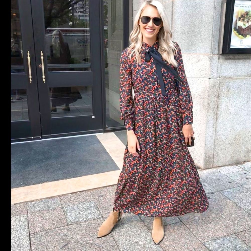 Ella Moon Floral Maxi Shirtdress with Neck Tie S NWOT